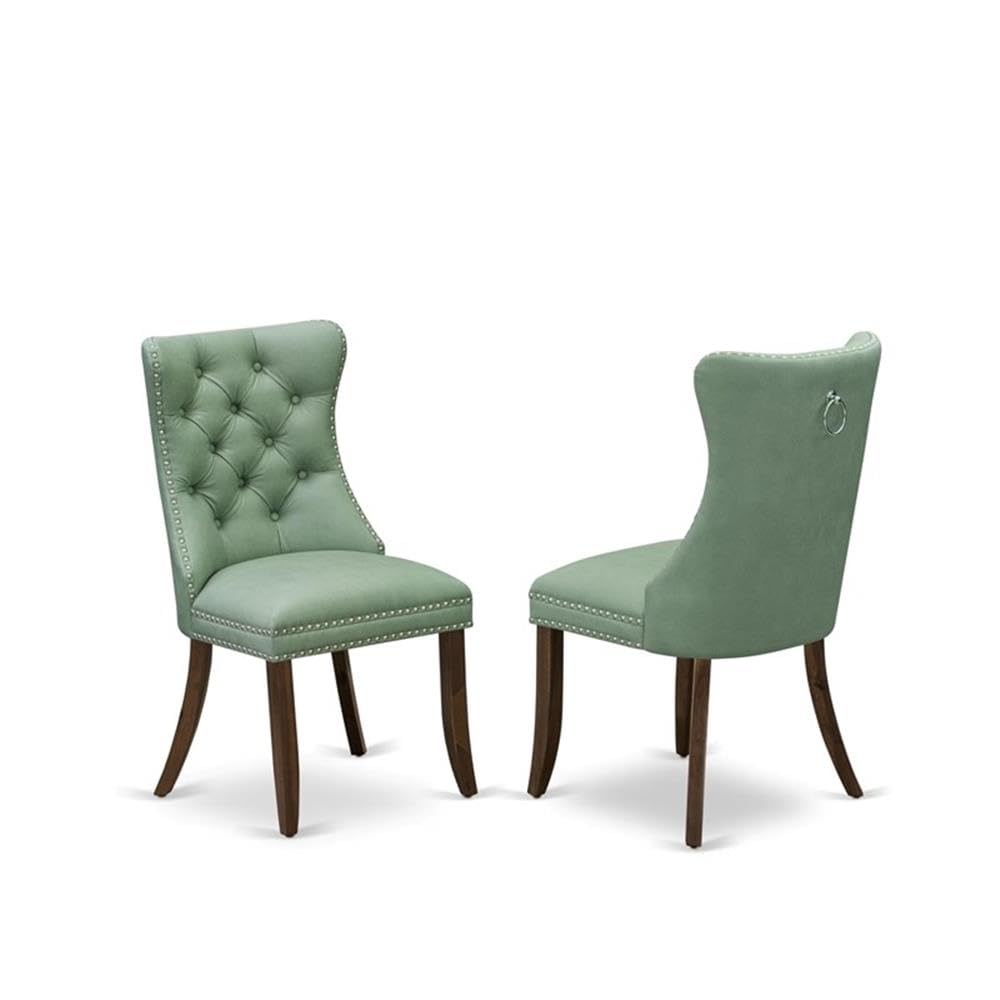 9-Piece Walnut Finish Acacia Wood Dining Room Set with Willow Green Faux Leather Upholstered Chairs J188
