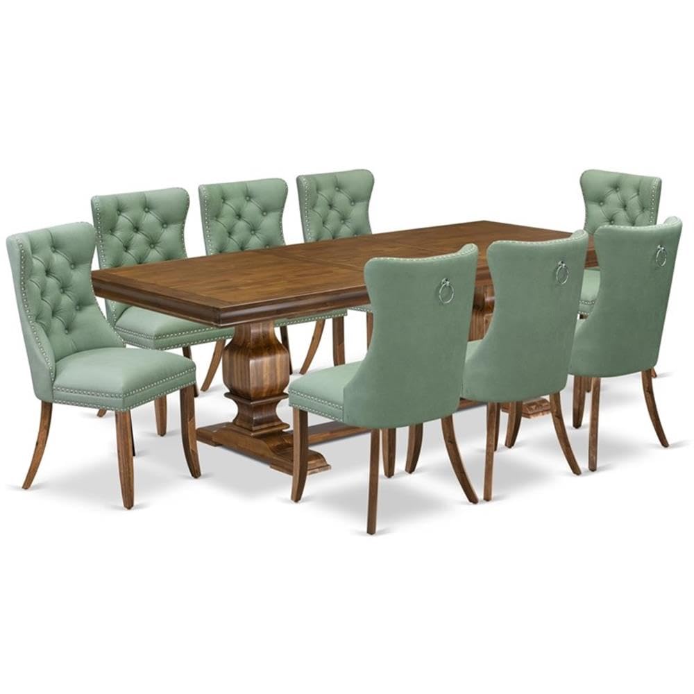9-Piece Walnut Finish Acacia Wood Dining Room Set with Willow Green Faux Leather Upholstered Chairs J188