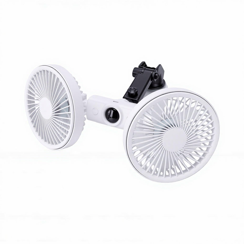 Dual Head Car Fan 3 Speeds 360 Degree Adjustable Suction Cup Rechargeable White L750