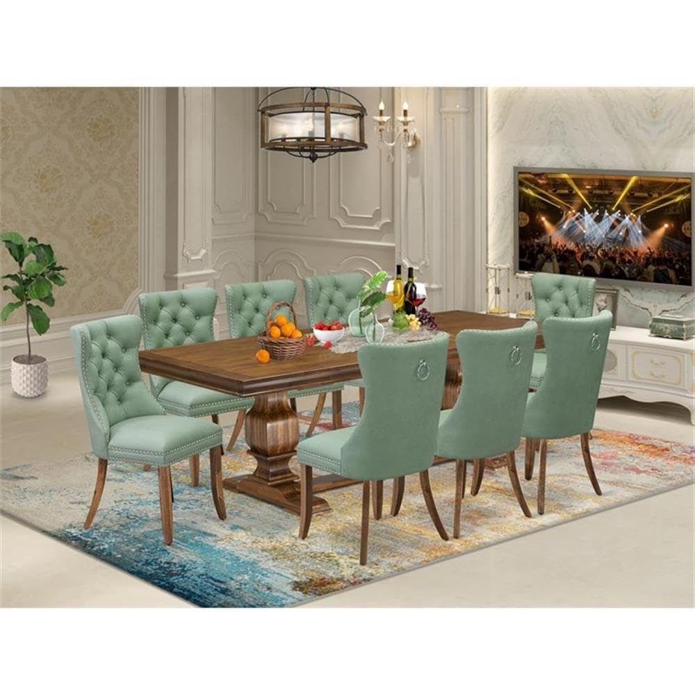 9-Piece Walnut Finish Acacia Wood Dining Room Set with Willow Green Faux Leather Upholstered Chairs J188