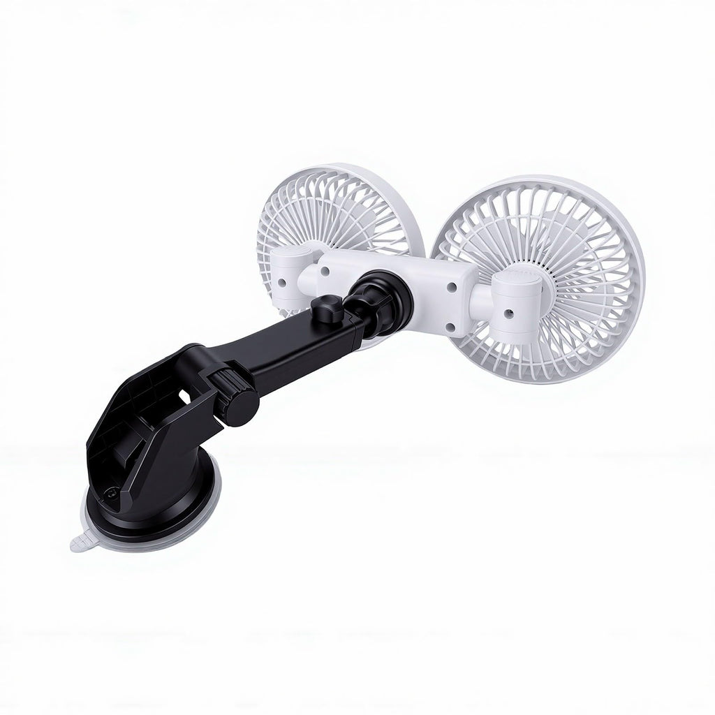 Dual Head Car Fan 3 Speeds 360 Degree Adjustable Suction Cup Rechargeable White L750