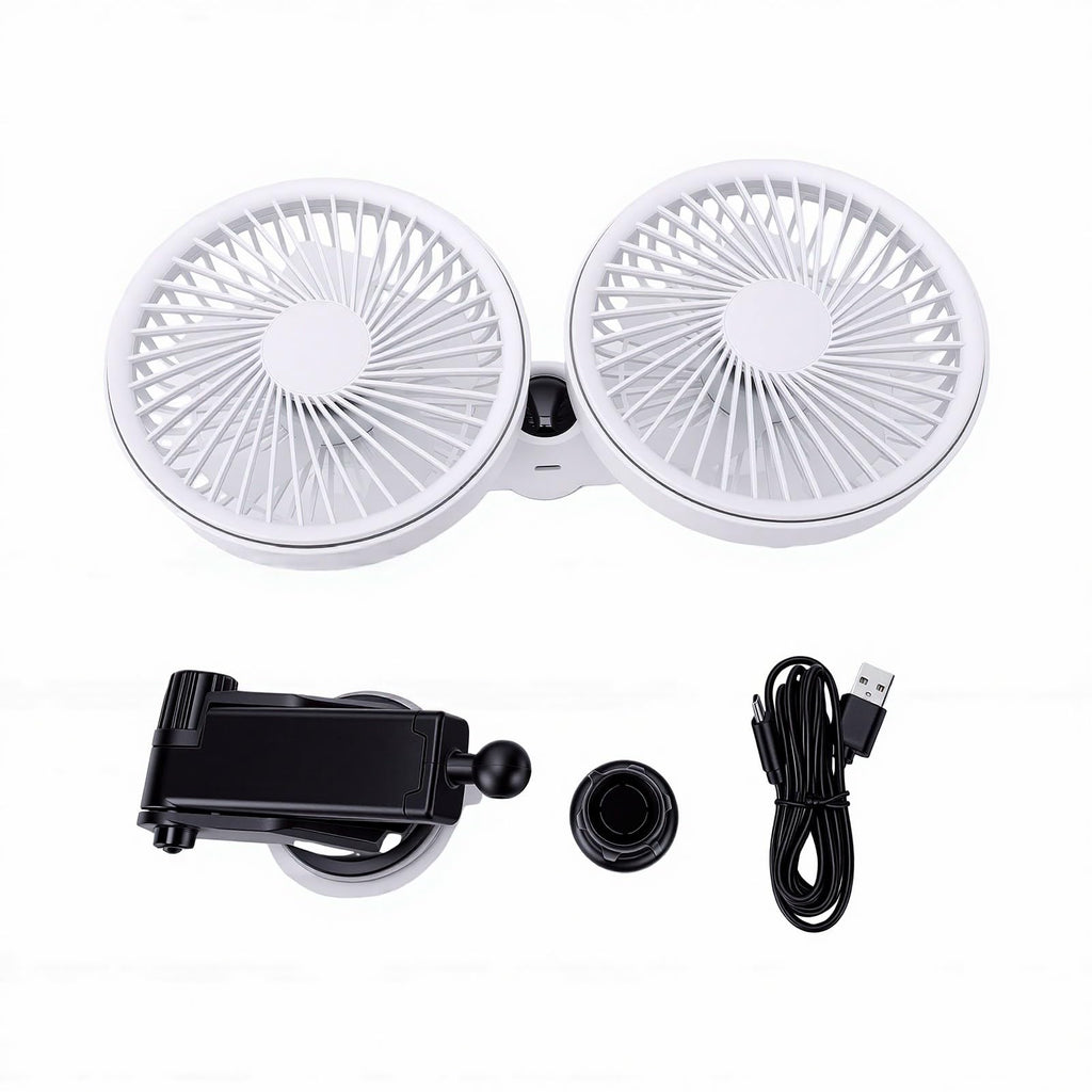 Dual Head Car Fan 3 Speeds 360 Degree Adjustable Suction Cup Rechargeable White L750