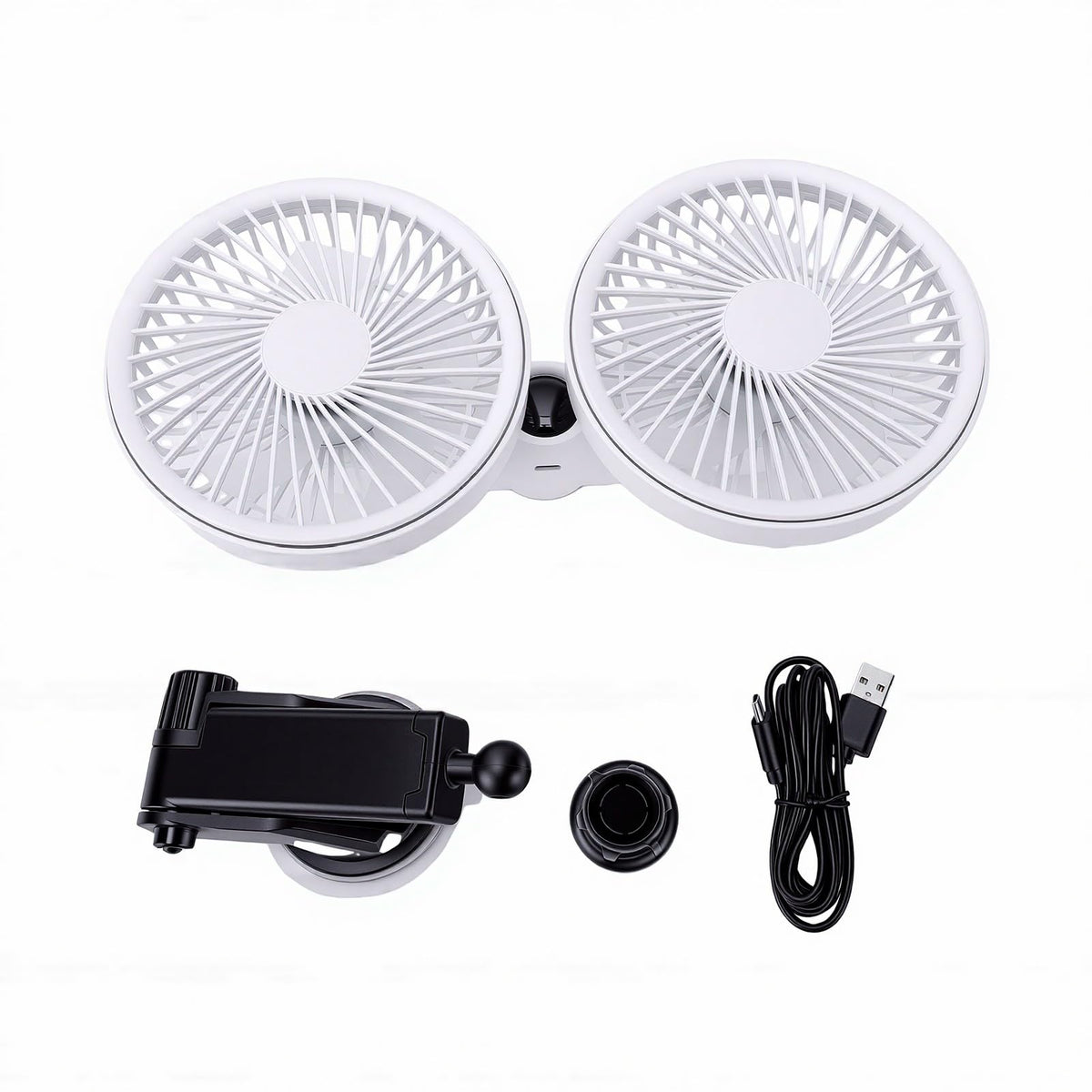 Dual Head Car Fan 3 Speeds 360 Degree Adjustable Suction Cup Rechargeable White L750