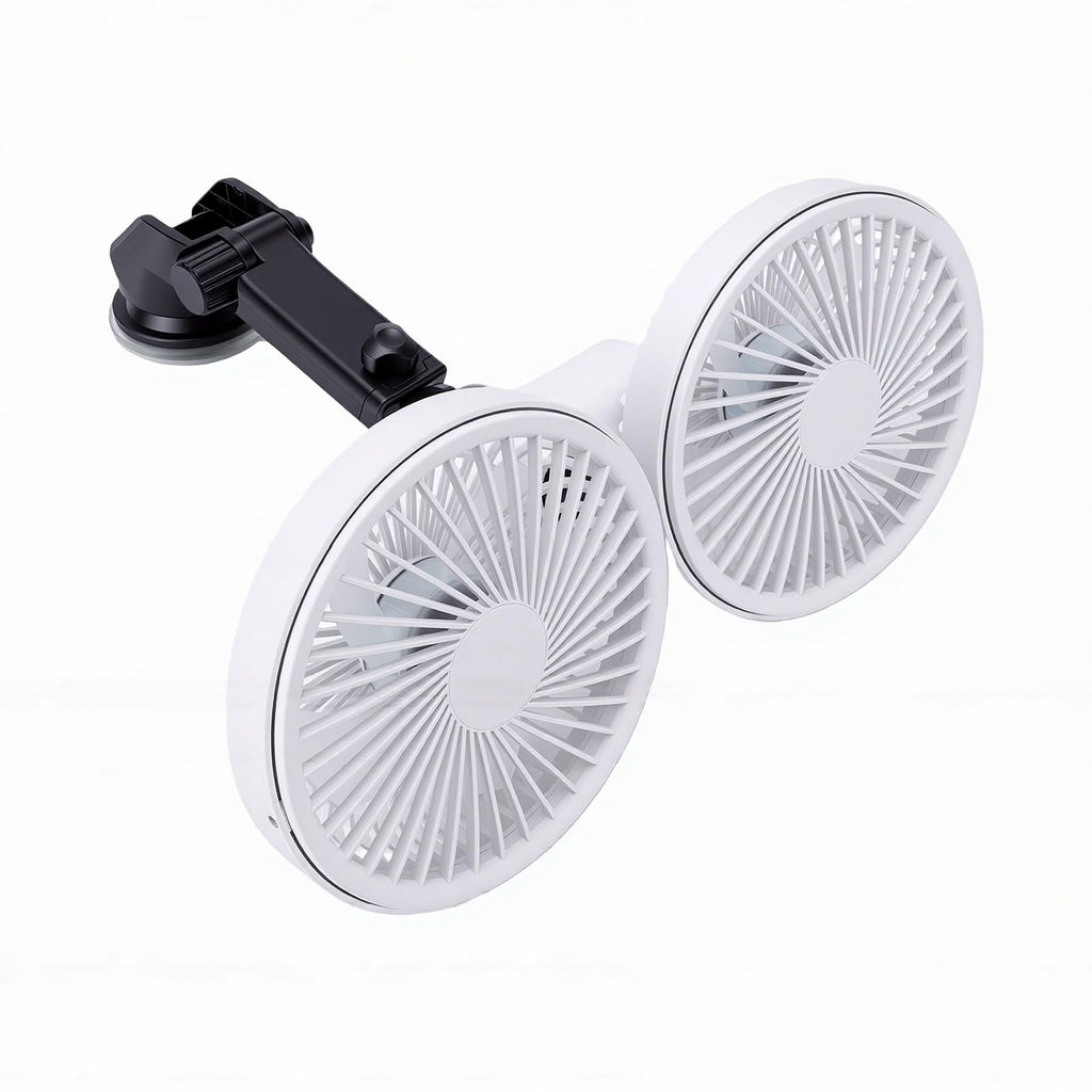 Dual Head Car Fan 3 Speeds 360 Degree Adjustable Suction Cup Rechargeable White L750