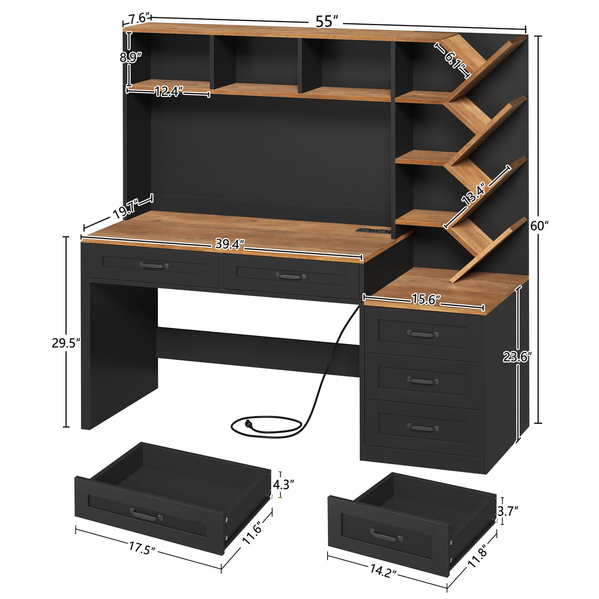 55" Computer Desk with Bookshelf, Drawers & Hutch U244747