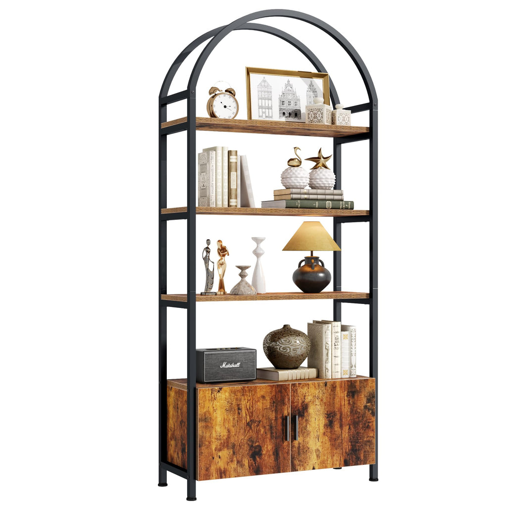 Arched 71 Inch Tall 5 Tier Wood and Metal Bookshelf with Storage Cabinet K5680