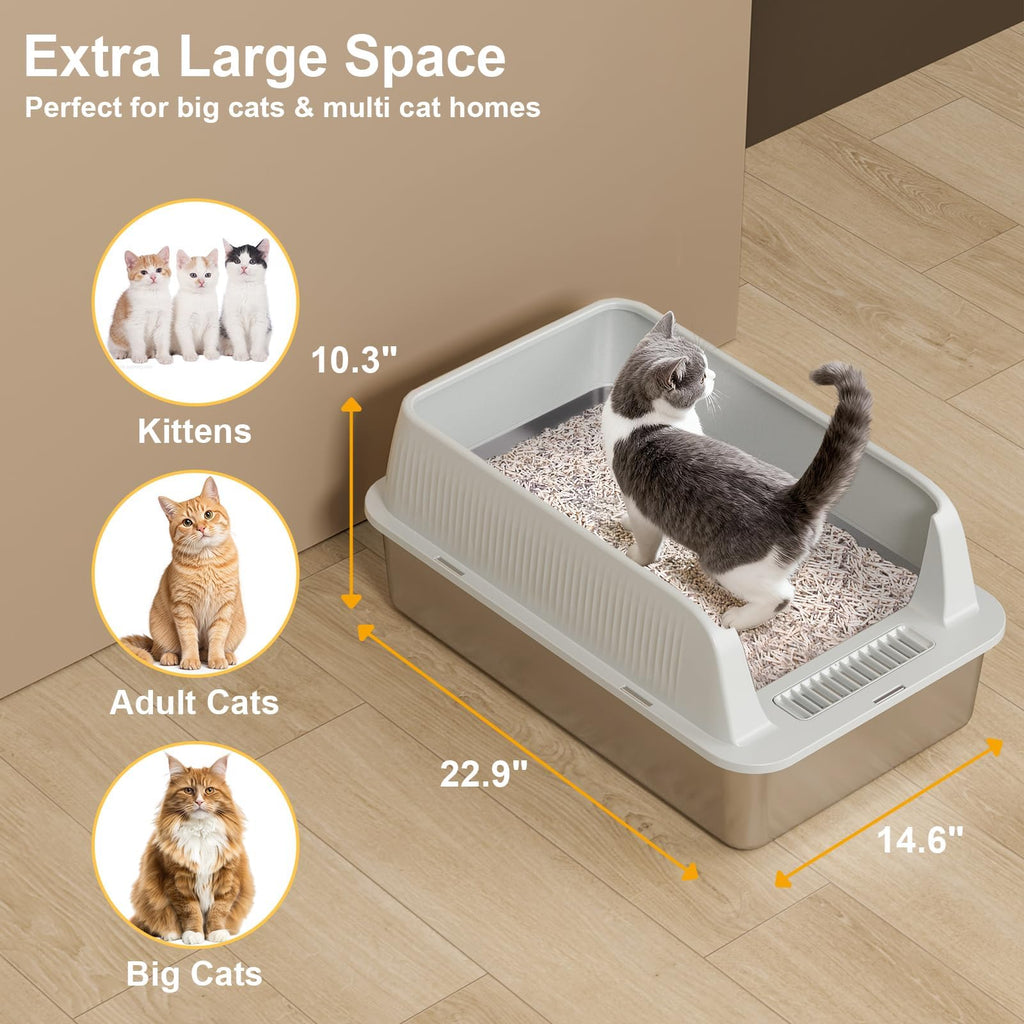 XL Stainless Steel Cat Litter Box with High Sides, Litter Mat, Scooper Y47748