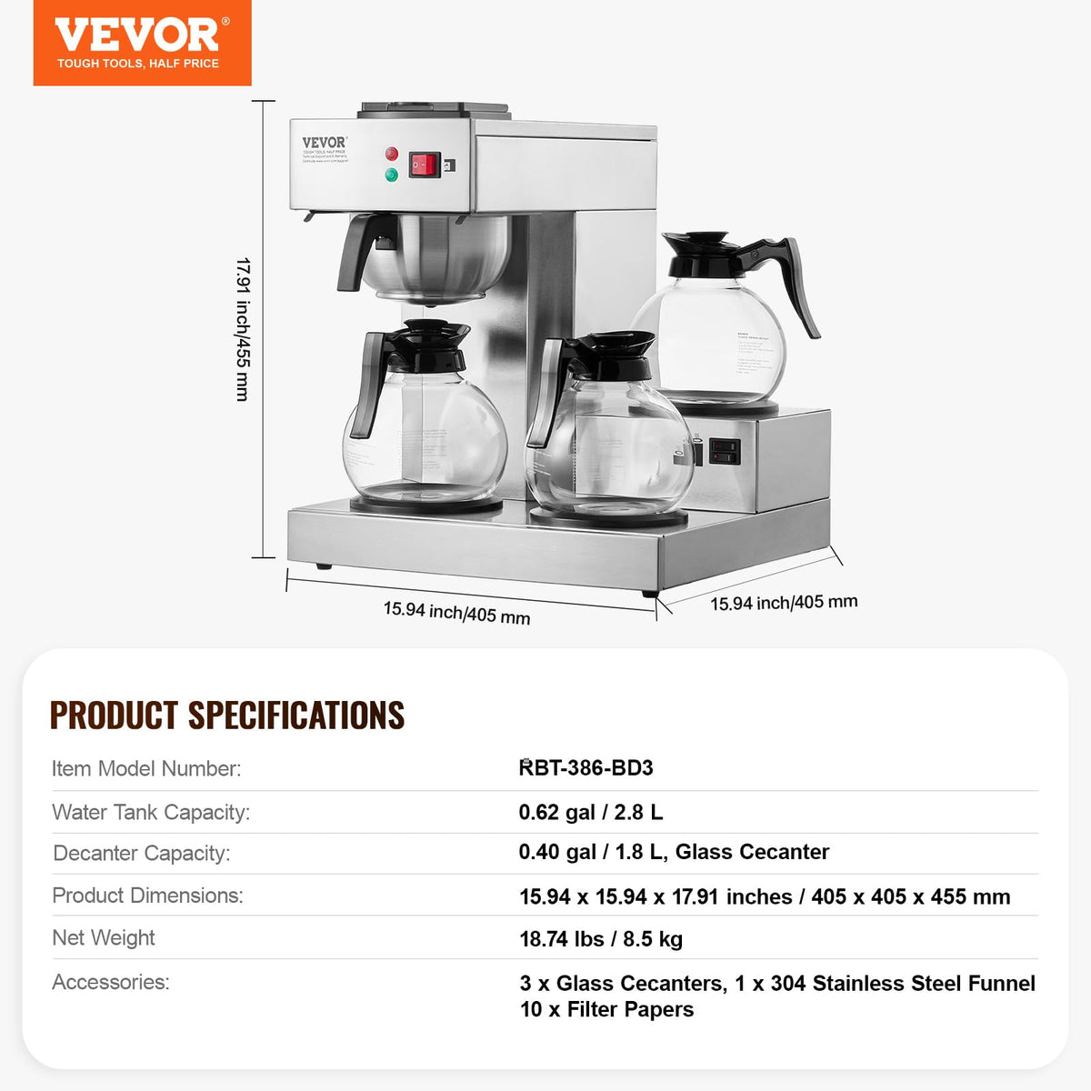 12 Cups Commercial Drip Coffee Maker with 3 Glass Carafes and Warmer Plates F33547