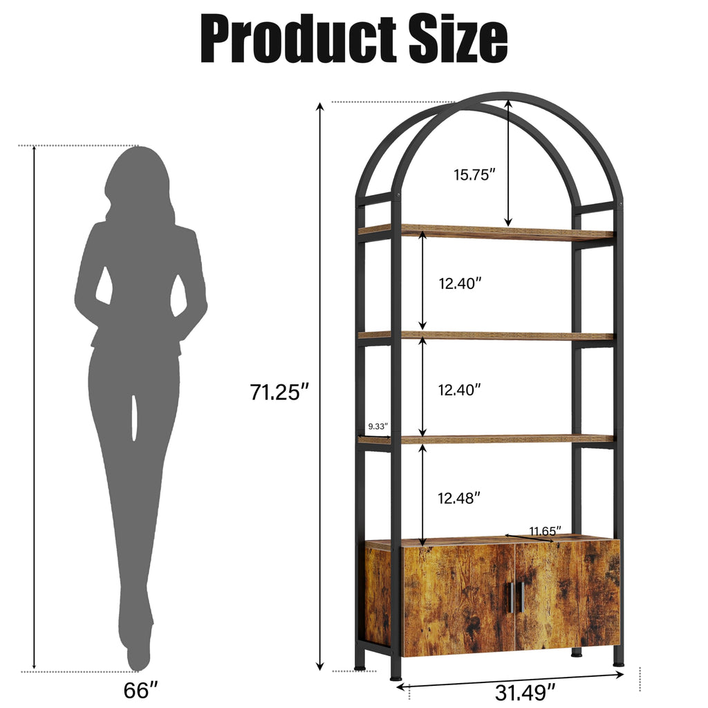 Arched 71 Inch Tall 5 Tier Wood and Metal Bookshelf with Storage Cabinet K5680