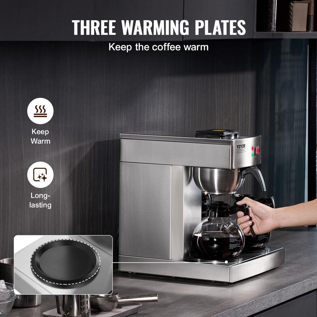 12 Cups Commercial Drip Coffee Maker with 3 Glass Carafes and Warmer Plates F33547