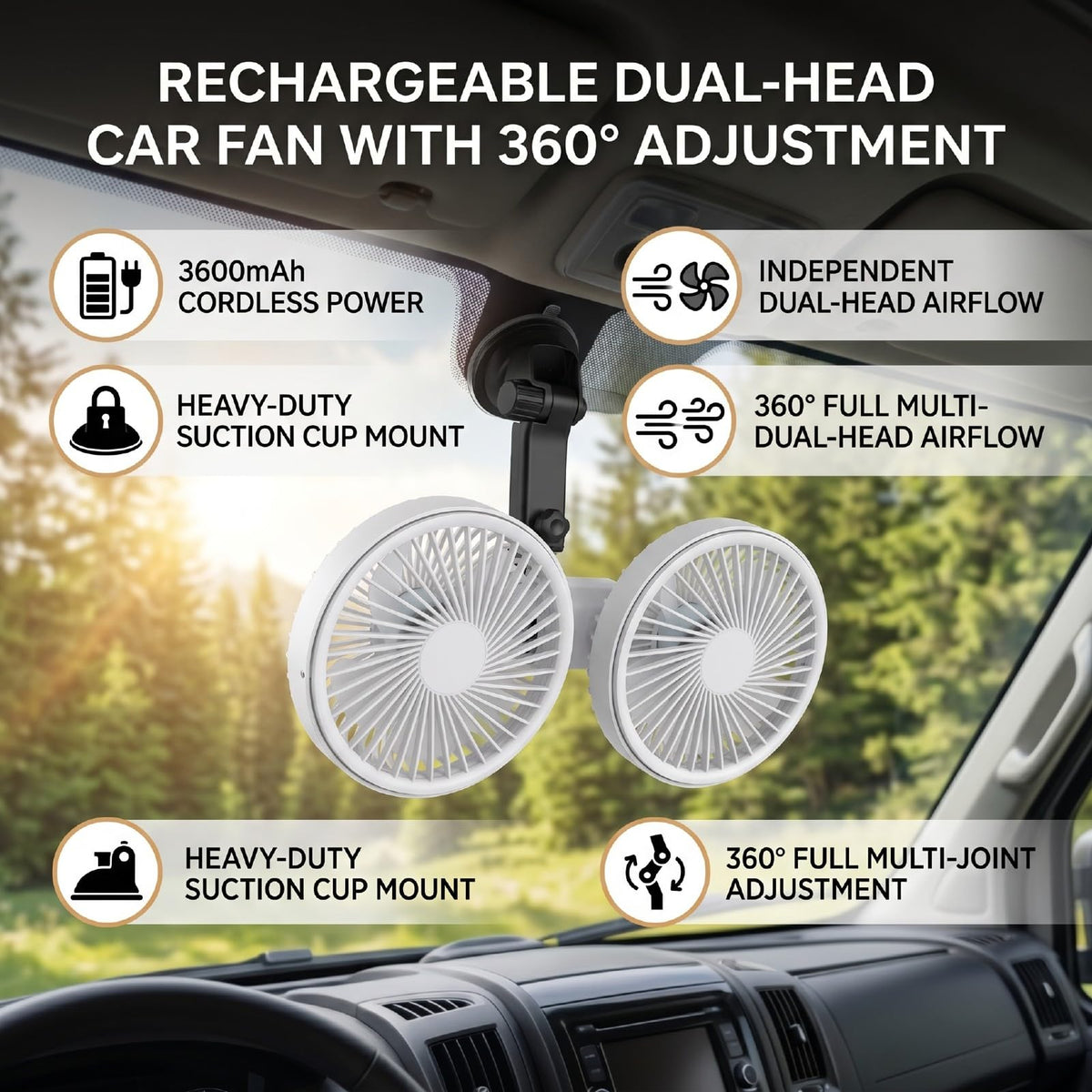 Dual Head Car Fan 3 Speeds 360 Degree Adjustable Suction Cup Rechargeable White L750