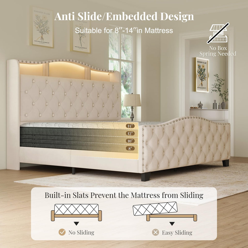 Queen Beige Platform Bed Frame with LED Headboard T141