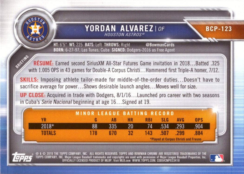 2019 Bowman Chrome Mojo Refractor Yordan Alvarez Pre-Rookie Card I635263