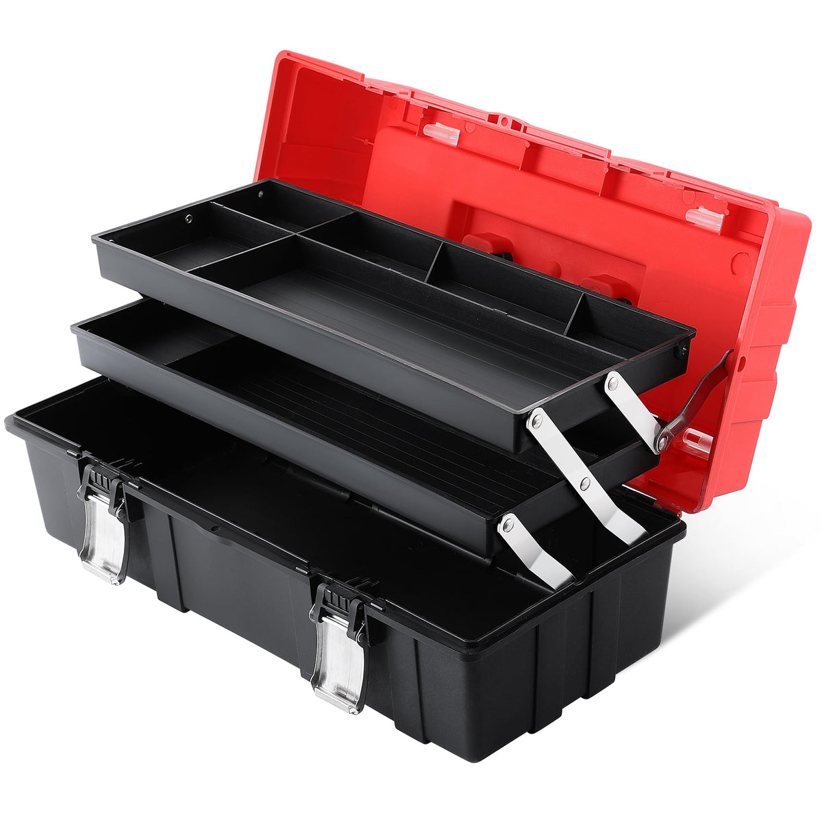 16-Inch Three-Layer Folding Plastic Tool Box with Tray and Dividers D905866