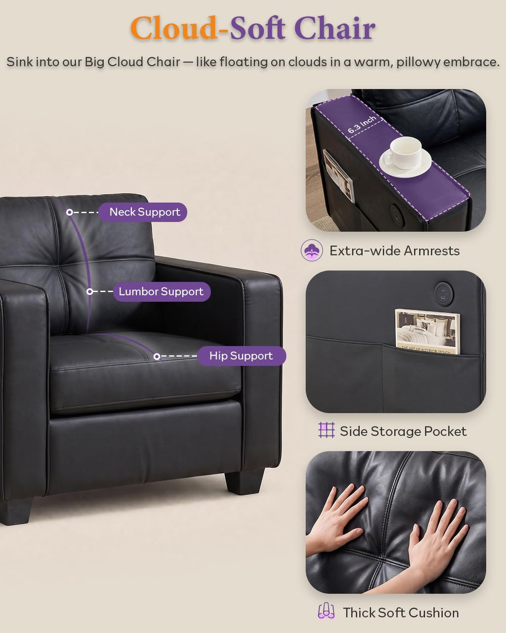 Black Faux Leather Oversized Tufted Accent Chair L37659