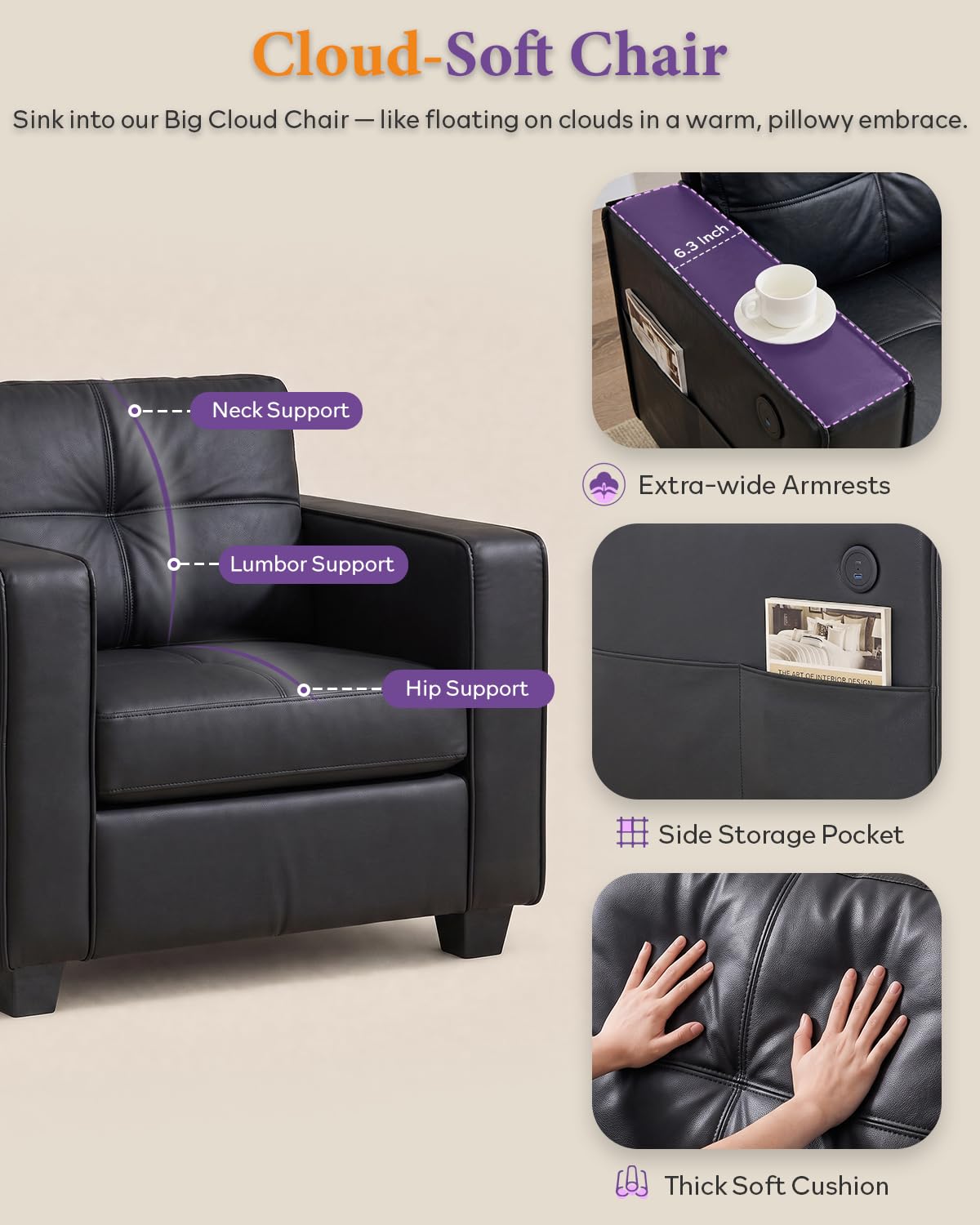 Black Faux Leather Oversized Tufted Accent Chair L37659