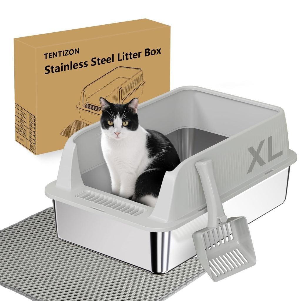 XL Stainless Steel Cat Litter Box with High Sides, Litter Mat, Scooper Y47748