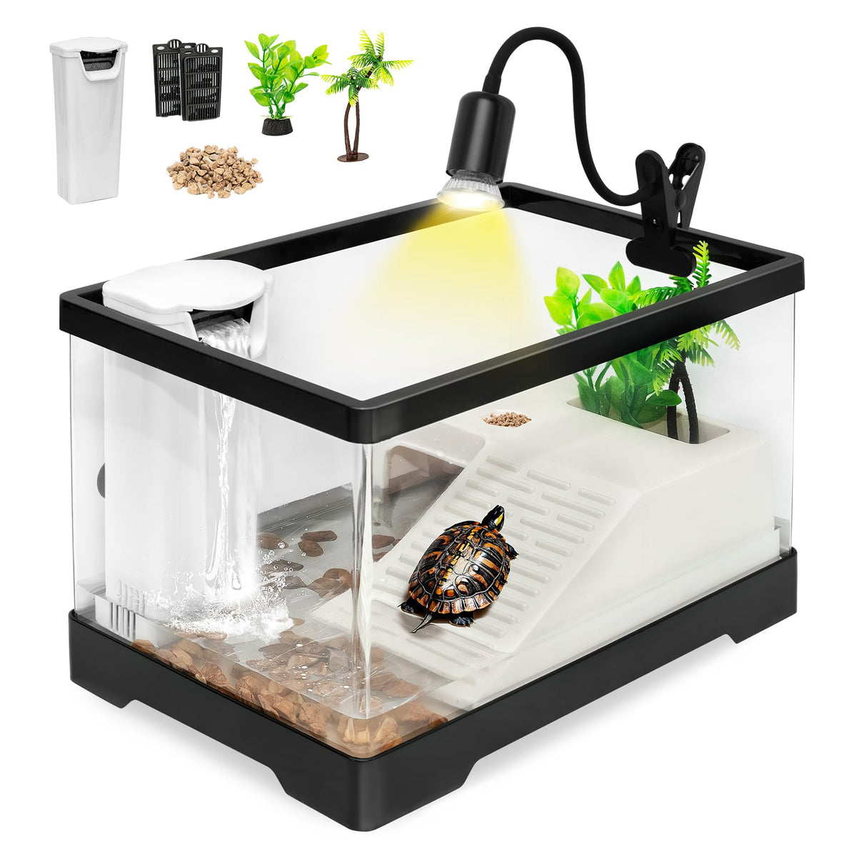 Turtle Tank Kit with Heat Lamp, Filter, UVB Lamp, Plants, Basking Platform M7523