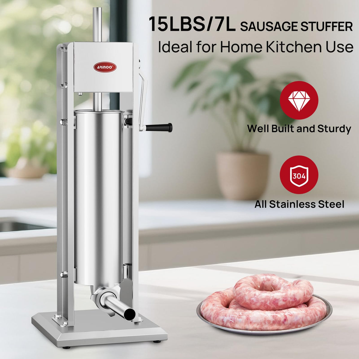 7L Stainless Steel Vertical Sausage Stuffer with 4 Stuffing Tubes P13144