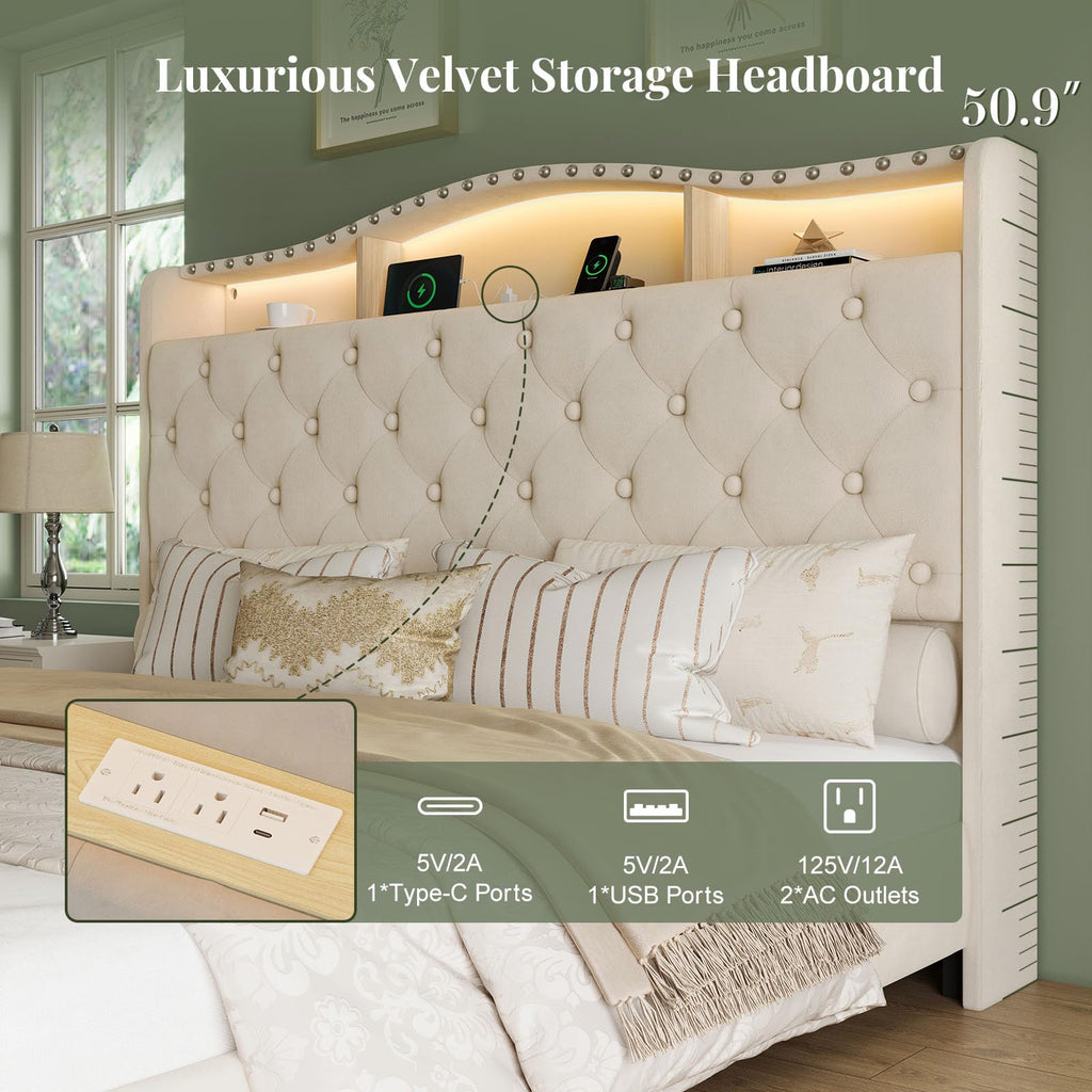 Queen Beige Platform Bed Frame with LED Headboard T141