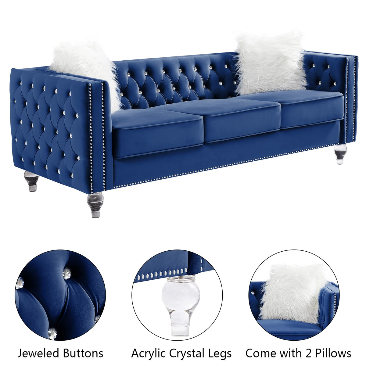 Velvet 3 Seater Sofa Couch with Nailhead and Acrylic Legs X475713