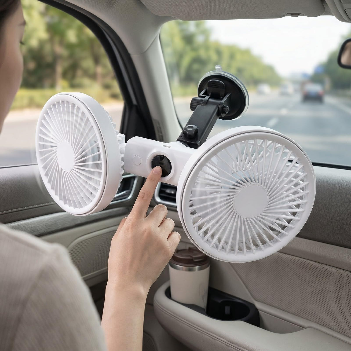 Dual Head Car Fan 3 Speeds 360 Degree Adjustable Suction Cup Rechargeable White L750