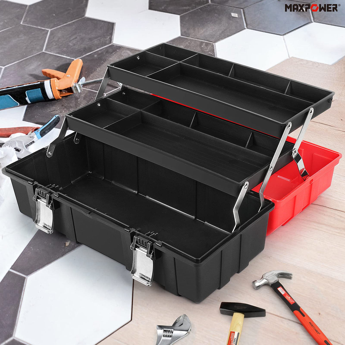 16-Inch Three-Layer Folding Plastic Tool Box with Tray and Dividers D905866