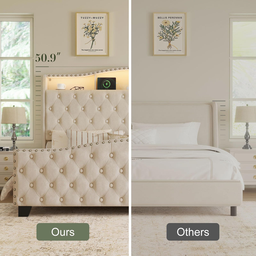 Queen Beige Platform Bed Frame with LED Headboard T141