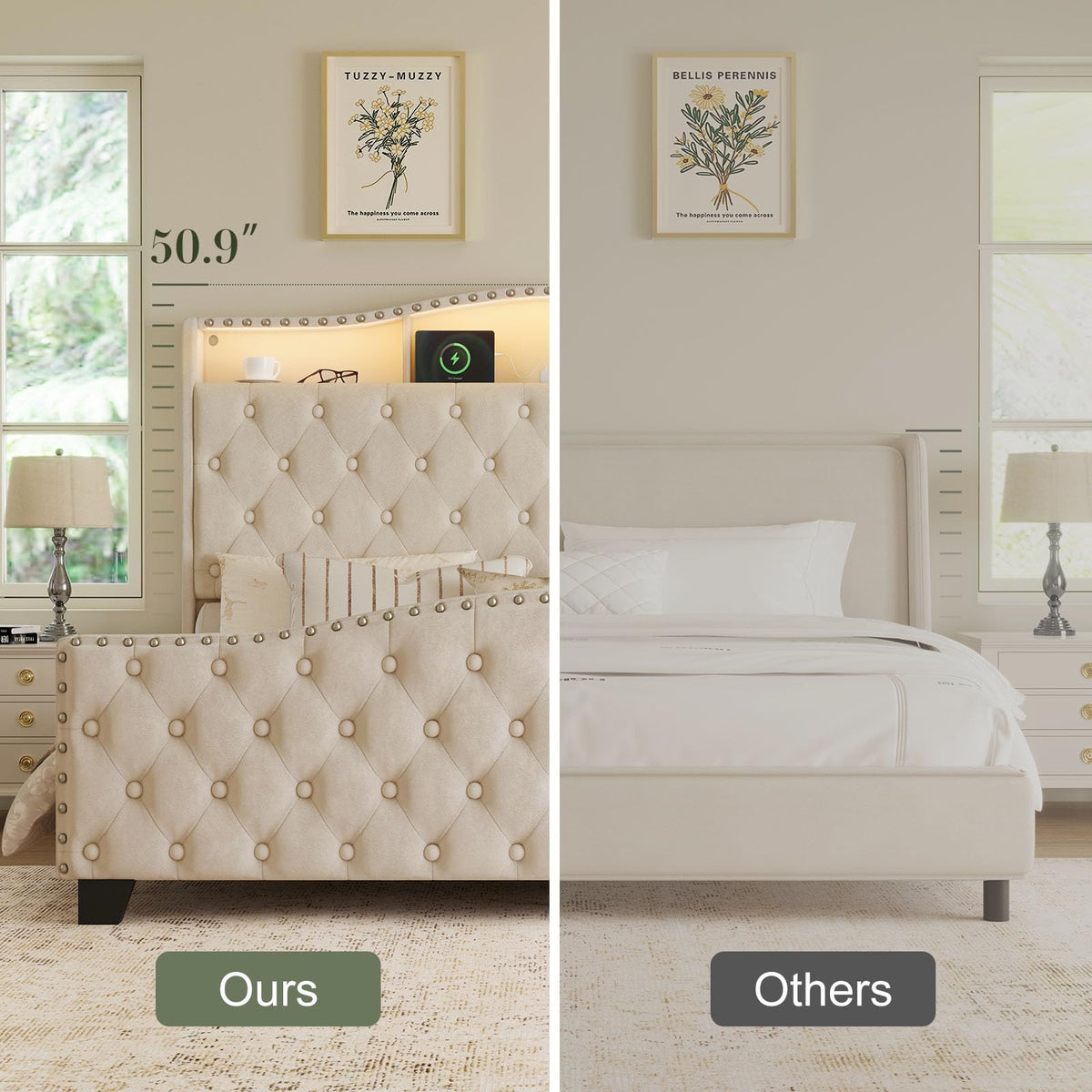 Queen Beige Platform Bed Frame with LED Headboard T141