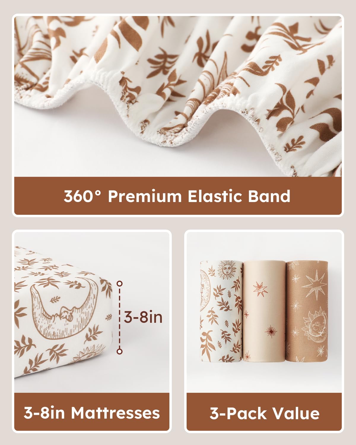 28x52x8in Fitted Crib Sheet 3 Pack Microfiber White Brown L10185