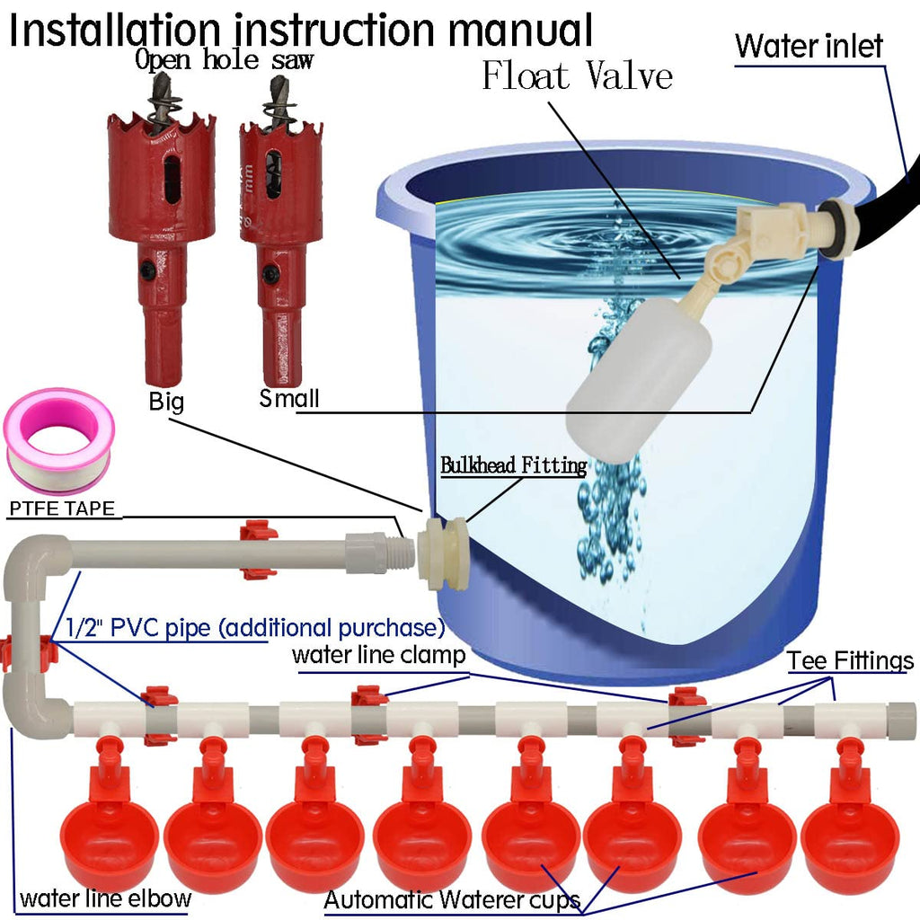 Automatic Chicken Nipple Waterer Cups and PVC Tee Fittings B958