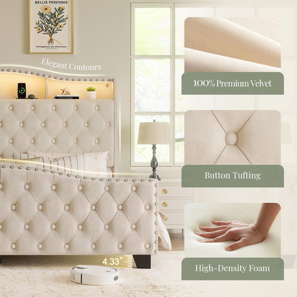 Queen Beige Platform Bed Frame with LED Headboard T141