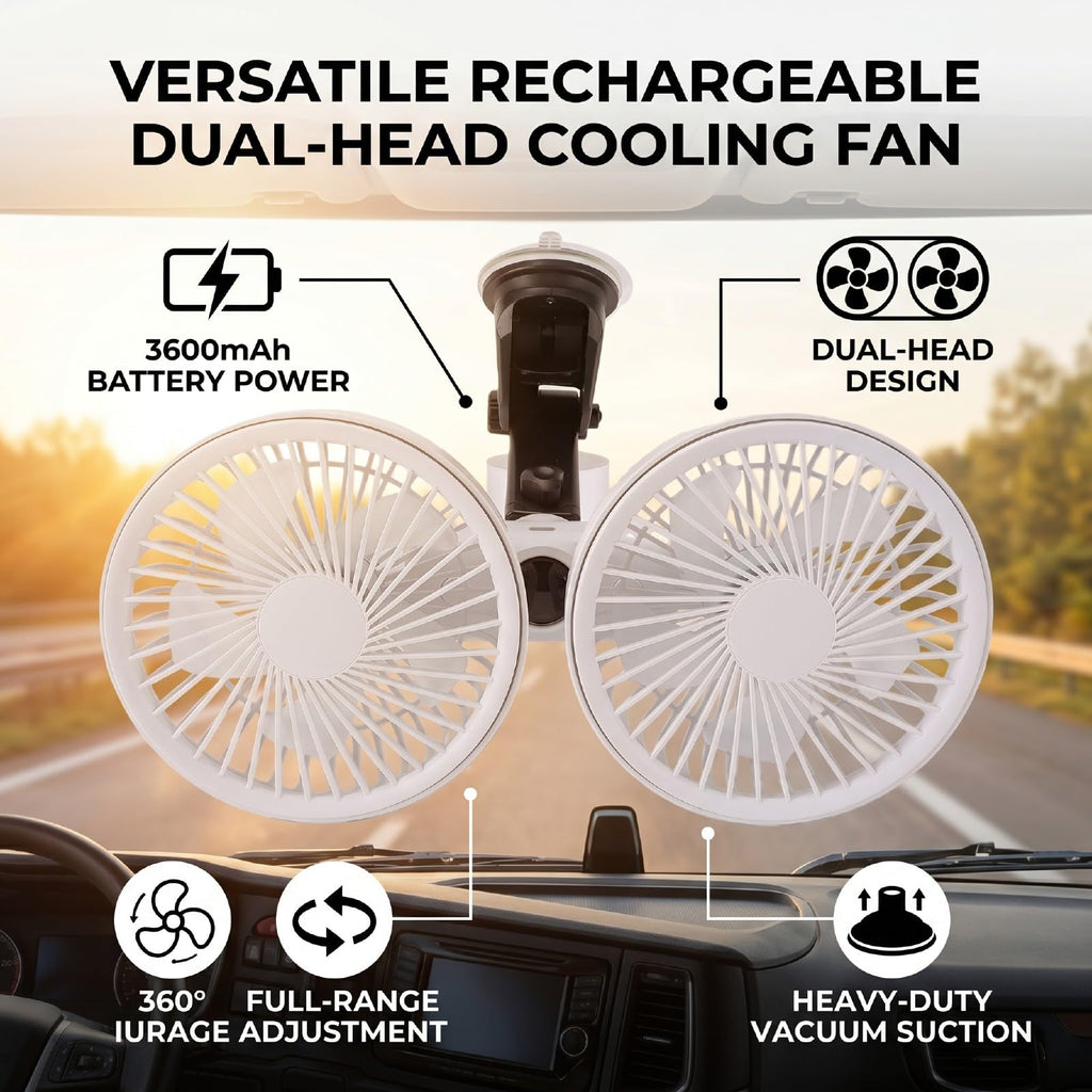 Dual Head Car Fan 3 Speeds 360 Degree Adjustable Suction Cup Rechargeable White L750