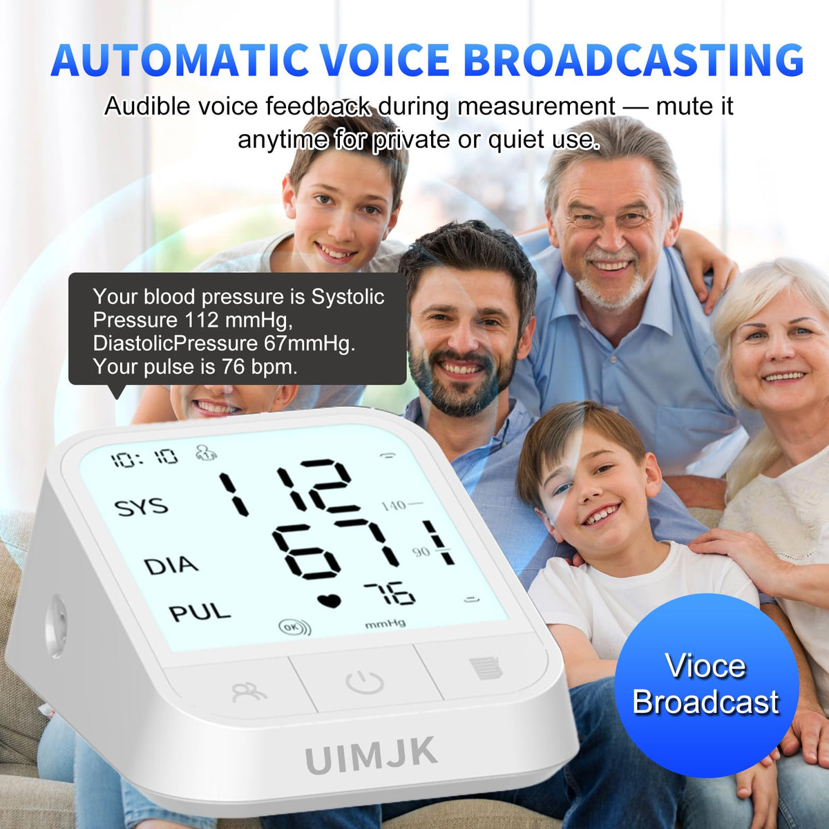 Upper Arm Blood Pressure Monitor, Automatic Digital with Voice Broadcast & Irregular Heartbeat Detection, Backlit LED Display, Adjustable Cuff 8.66-16.5'', 2x99 Memory & Guest Mode, AAA & Type-C O711