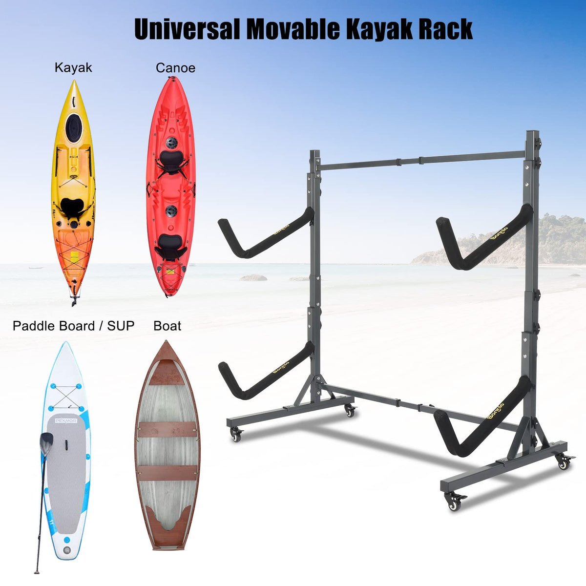 Freestanding Kayak Storage Rack with Lockable Wheels A141