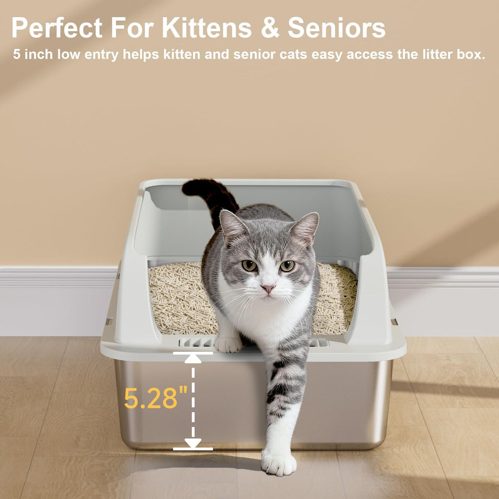 XL Stainless Steel Cat Litter Box with High Sides, Litter Mat, Scooper Y47748