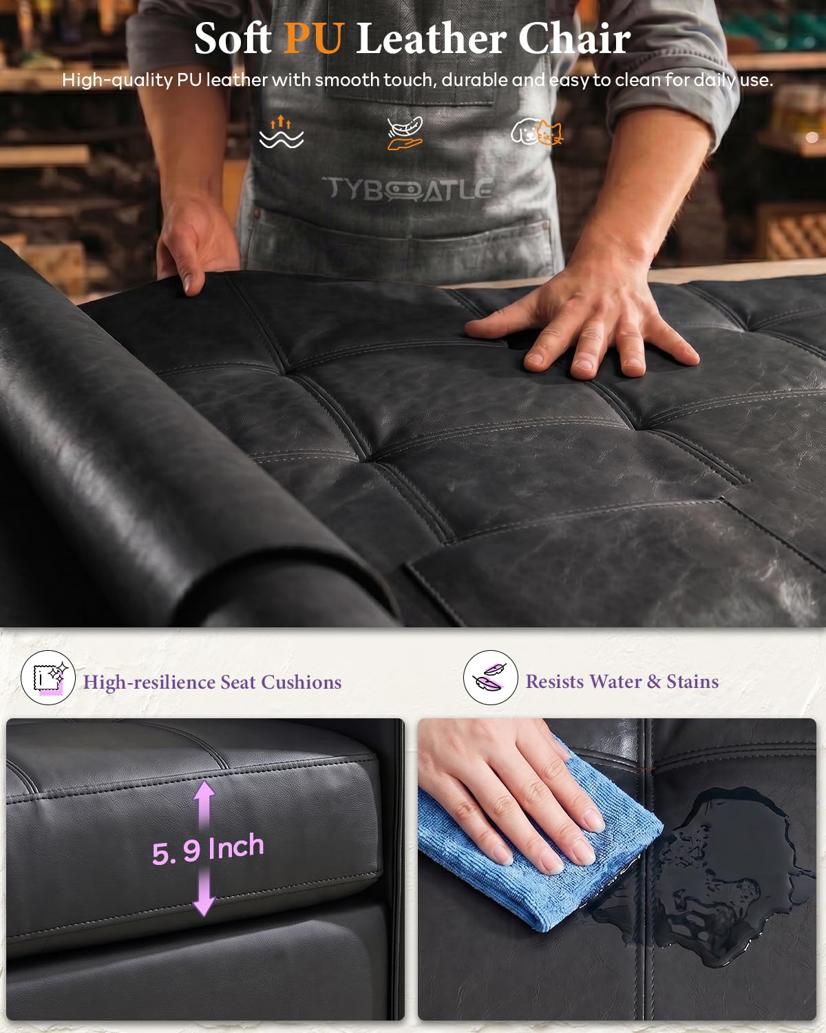 Black Faux Leather Oversized Tufted Accent Chair L37659