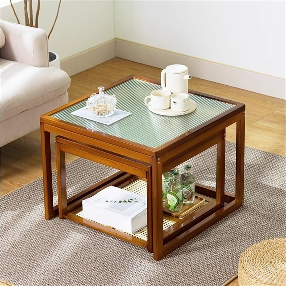 Set of 2 Square Glass Top Rattan Storage Coffee Table A376123