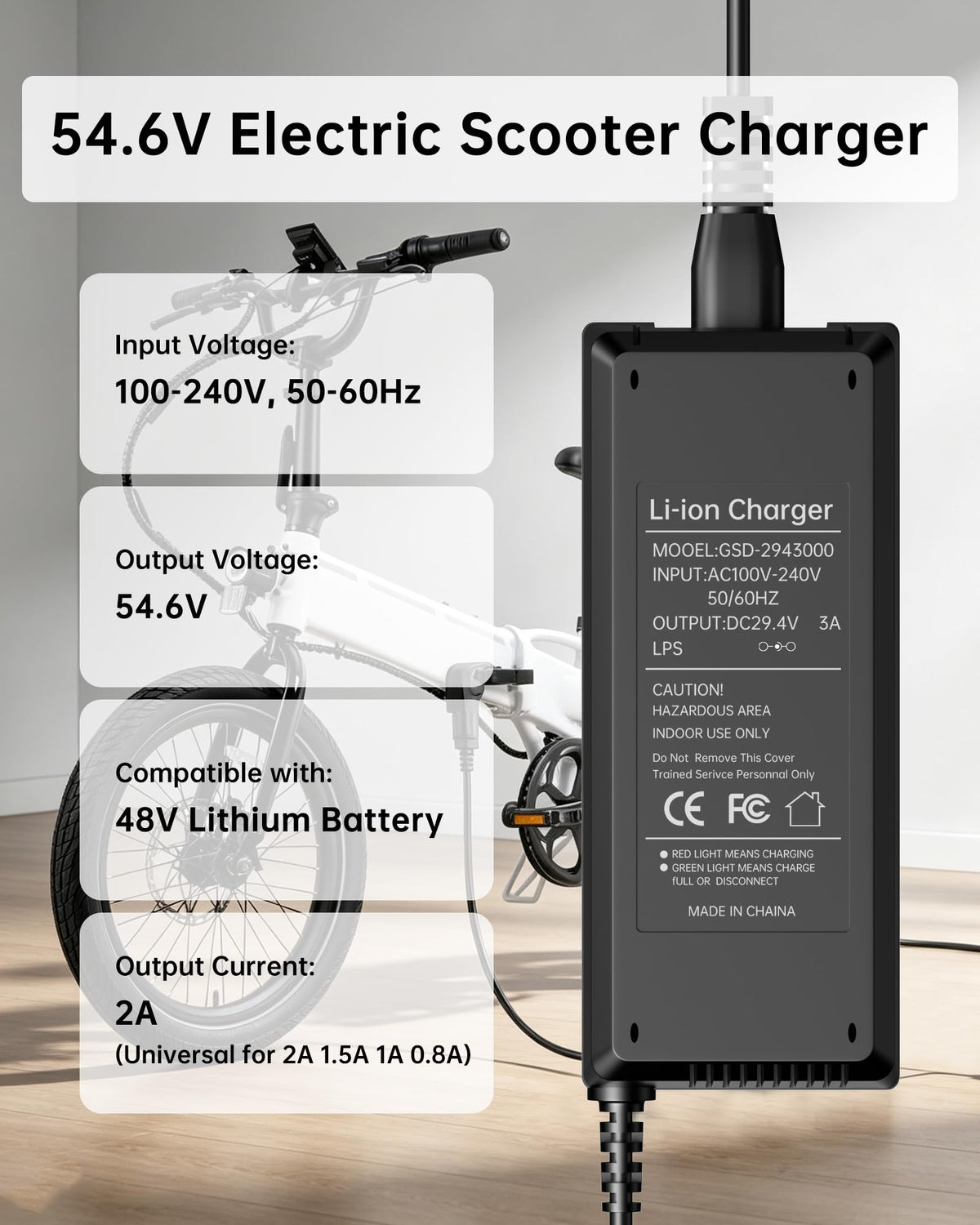 54.6V 2A Electric Scooter Charger 5 Connectors 8.2ft H2295