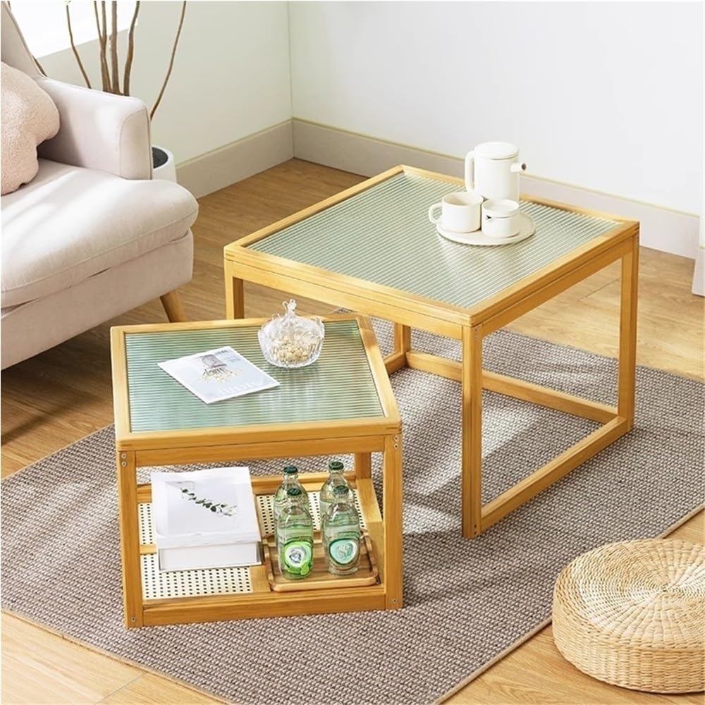 Set of 2 Square Glass Top Rattan Storage Coffee Table A376123