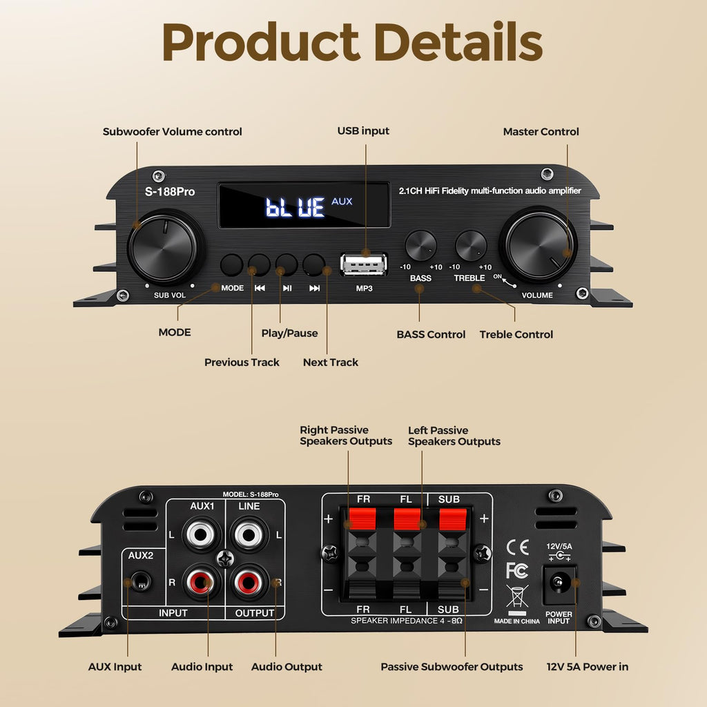 2.1 Channel Stereo Audio Amplifier Bluetooth 5.0 with Remote D325