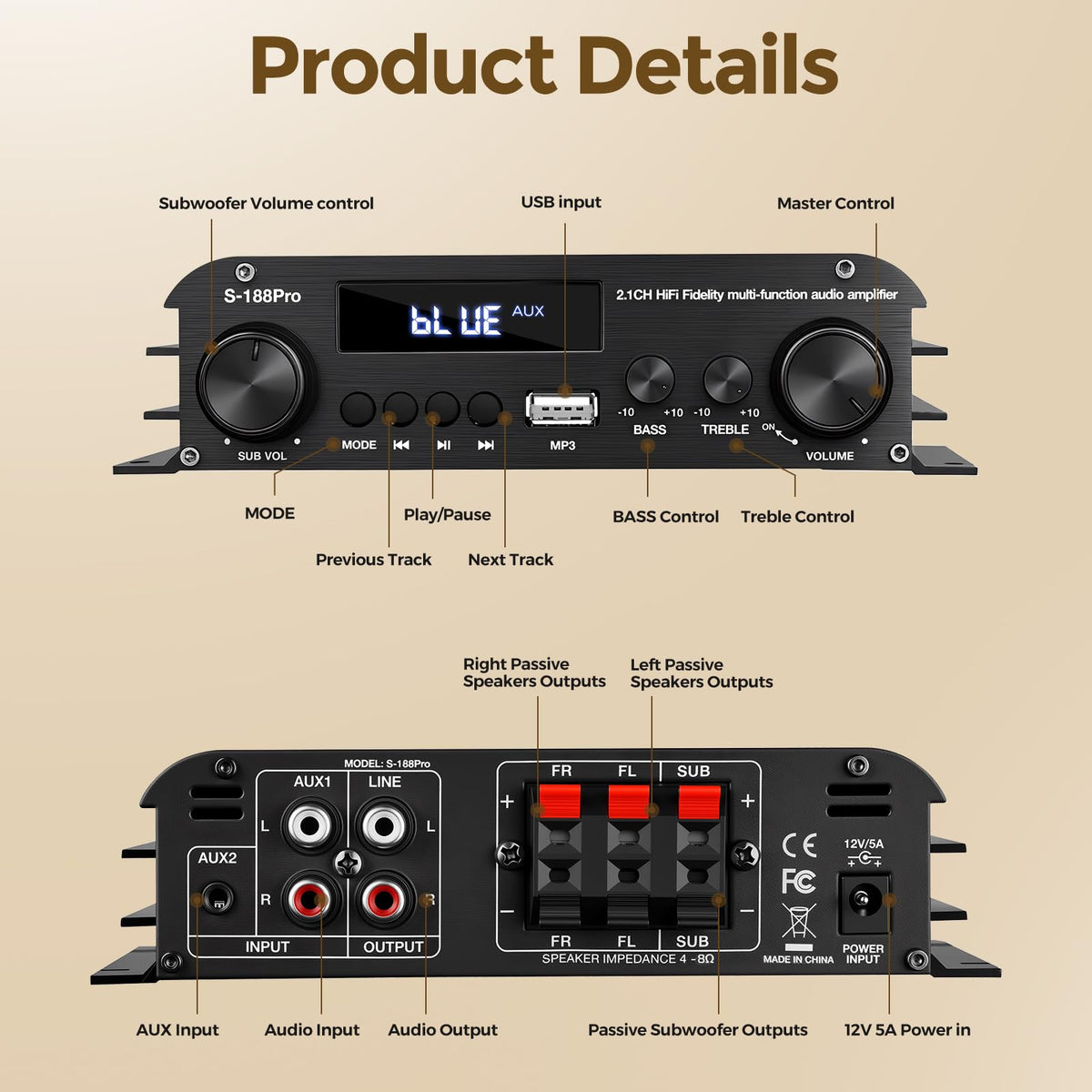 2.1 Channel Stereo Audio Amplifier Bluetooth 5.0 with Remote D325