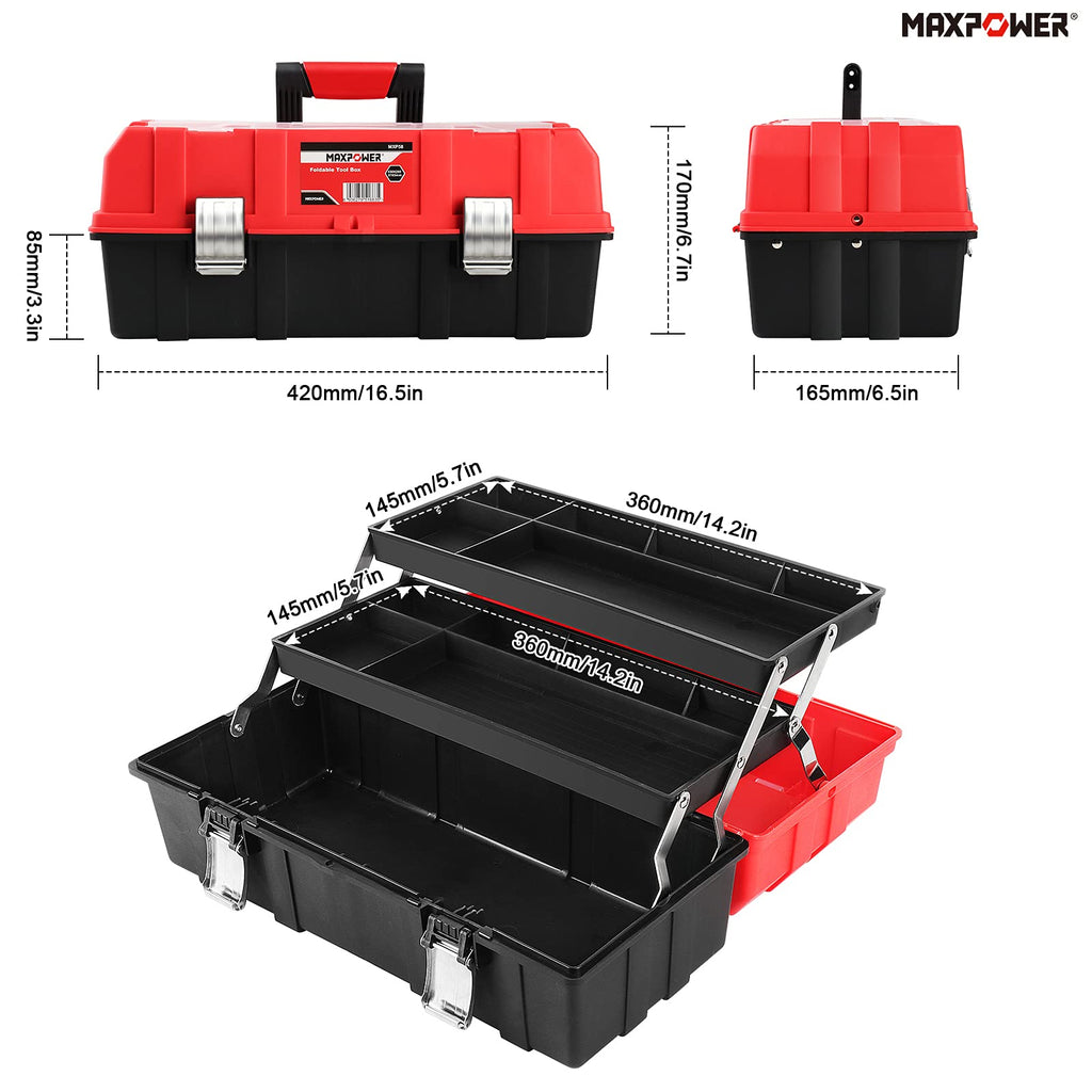 16-Inch Three-Layer Folding Plastic Tool Box with Tray and Dividers D905866