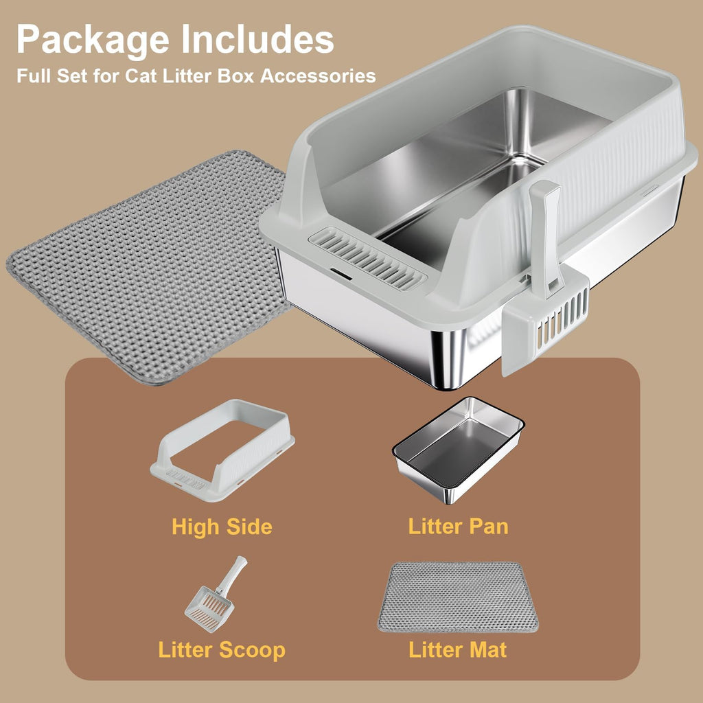 XL Stainless Steel Cat Litter Box with High Sides, Litter Mat, Scooper Y47748