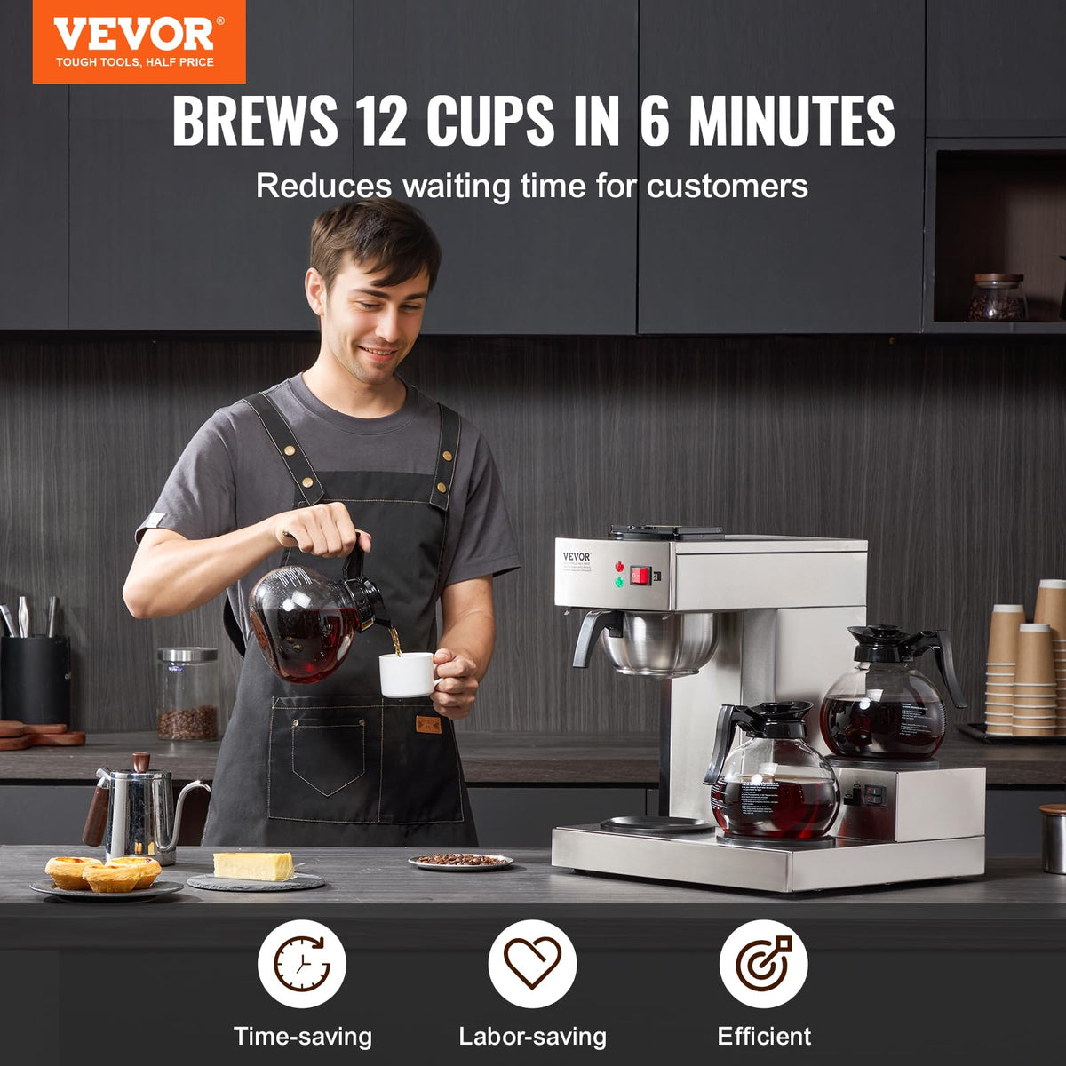 12 Cups Commercial Drip Coffee Maker with 3 Glass Carafes and Warmer Plates F33547
