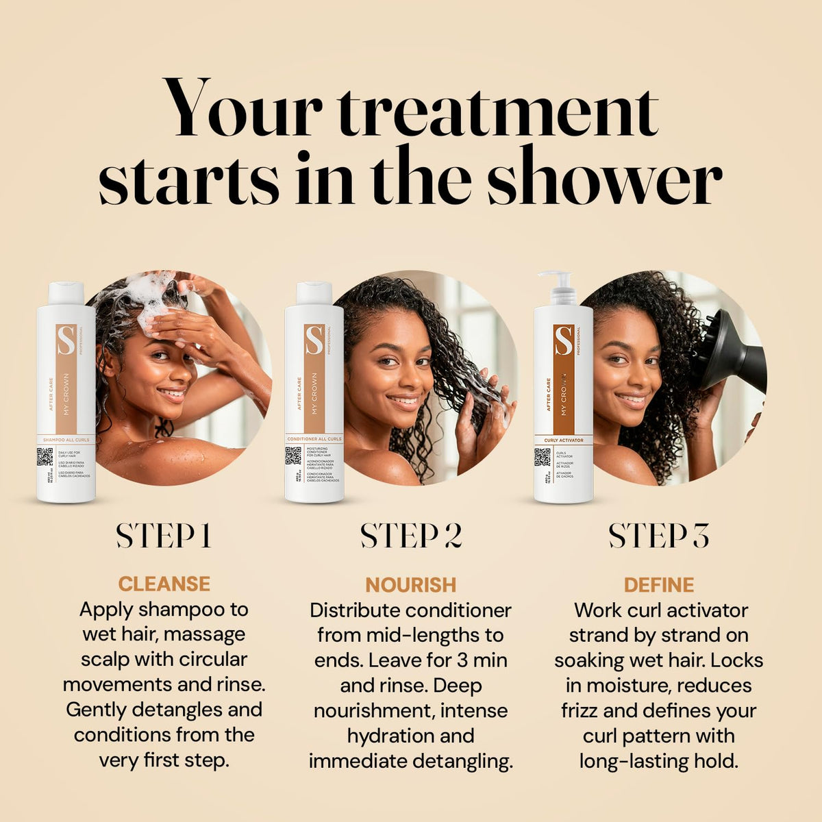 Curly Hair Shampoo Conditioner & Curl Cream Kit, 3x16.9oz Z319113