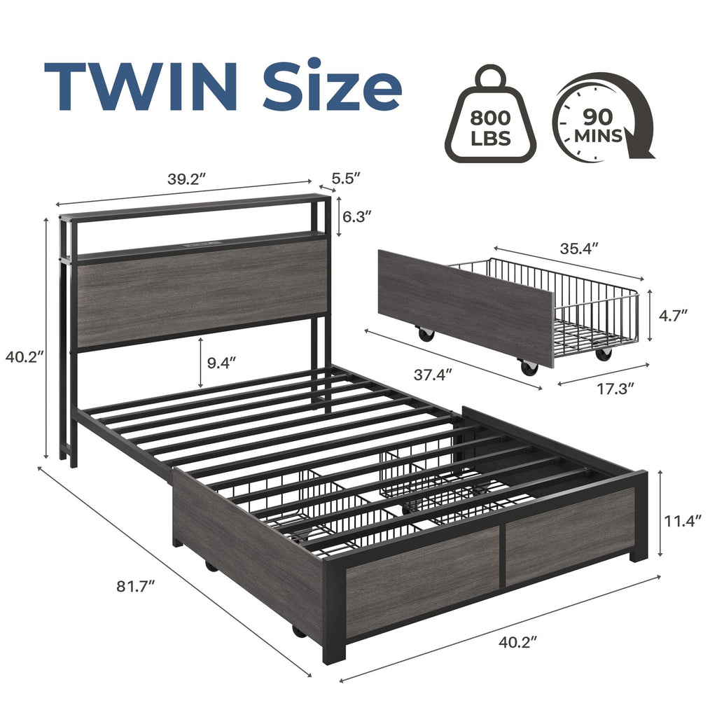 Twin Size Metal Bed Frame with Storage Headboard and Drawers V600
