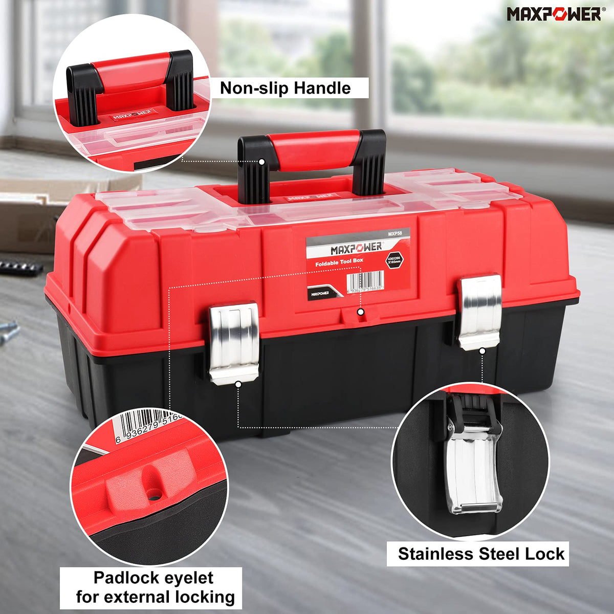 16-Inch Three-Layer Folding Plastic Tool Box with Tray and Dividers D905866