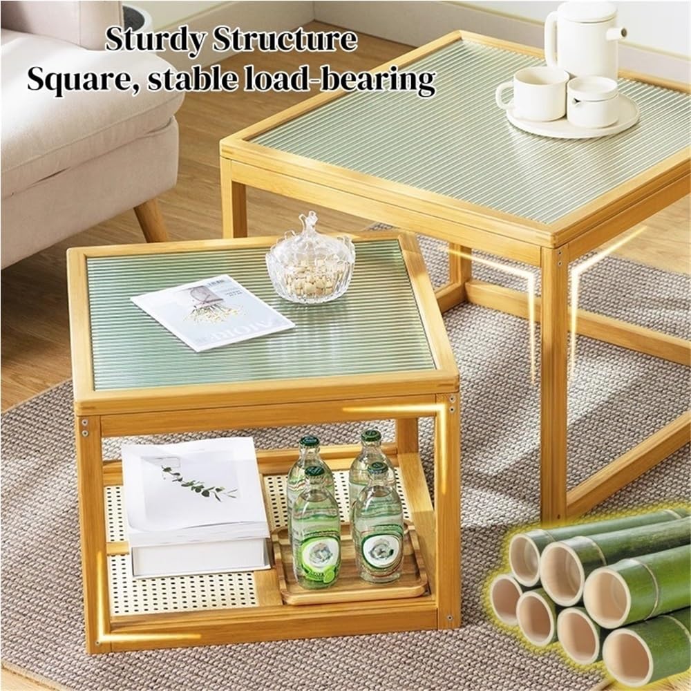 Set of 2 Square Glass Top Rattan Storage Coffee Table A376123