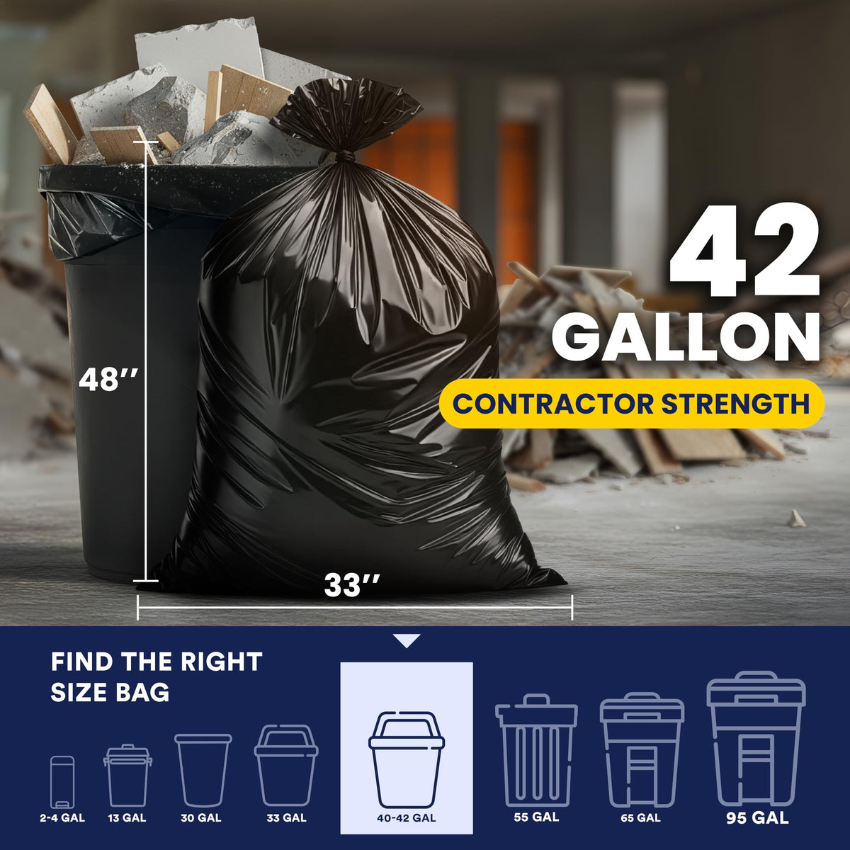 42 Gallon 3.0 Mil Black Heavy Duty Trash Bags 50 Count R22711